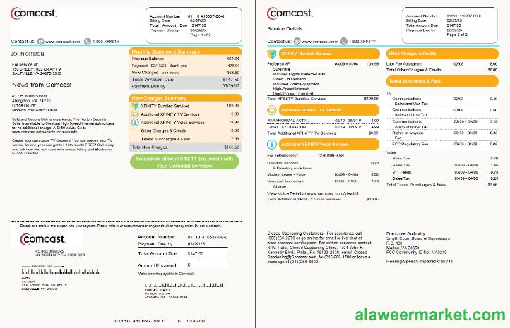 USA Comcast utility bill template in Word and PDF formats, 2 pages